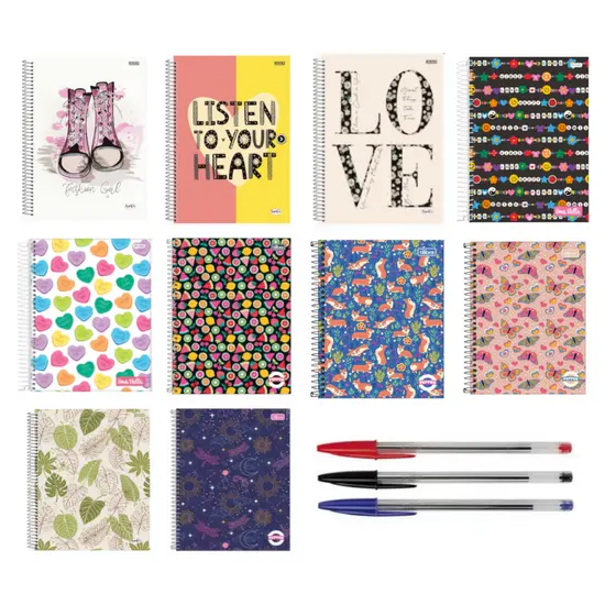 Kit 8 Cadernos Universitário 10 Matérias Feminino / Masculino Capa Dura Grande