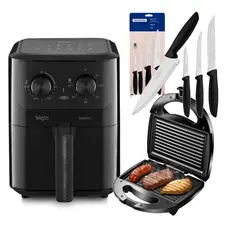 Kit Air Fryer Frtiadeira Sem Óleo 1400W Elgin 4,2 litros + Sanduicheira Misteira Grill 750W + Facas Tramontina