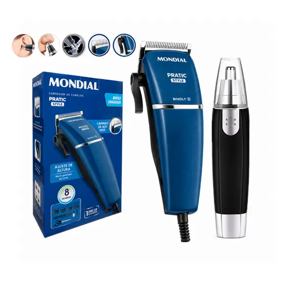 Kit Máquina Cortar Cabelo Mundial 8 Acessórios Bivolt + Aparador Pelos Nasal Orelha