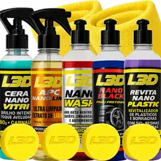 Kit Lavagem Automotiva Cera Carnaúba, Shampoo Automotivo, Apc, Pretinho, Revitalizador de Plásticos