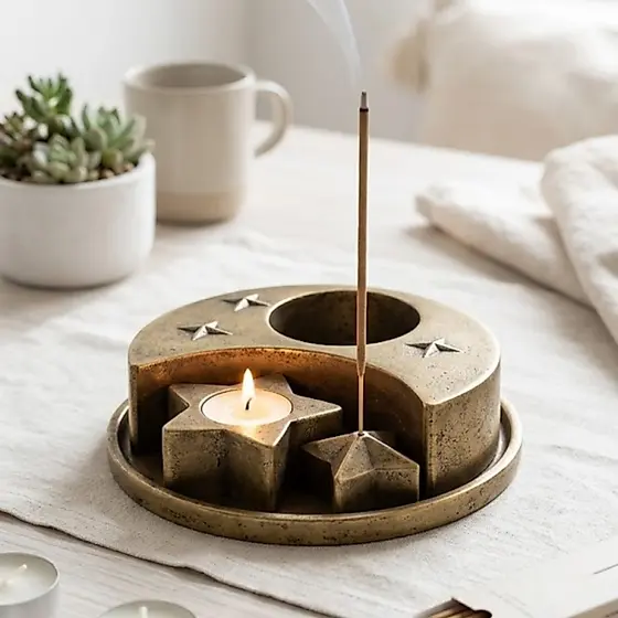 Altar Lunar Porta Incenso e Vela Lua e Estrela em Resina 12cm Decoracao Wicca Bruxaria Mistica