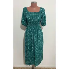 Vestido Verde Natal Midi Com Elastec Fenda Manga Curta