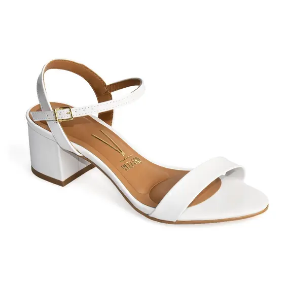 Sandália Vizzano Salto Grosso Feminina Com Fivela Conforto Branco Verniz