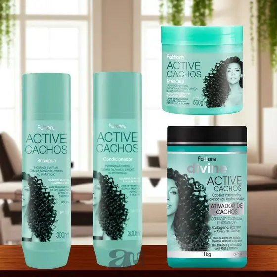 Fattore Kit Active Cachos Completos – Shampoo, Condicionador, Máscara e Ativador