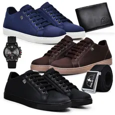 Kit 3 Tênis Polo Fran Sapato Masculino Casual + Relógio + Carteira + Cinto London
