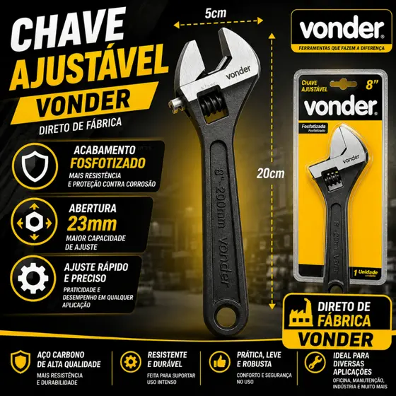 Chave Inglesa Ajustável Fosfatizada  8" 200 Mm Vonder- Qualidade e Resistência