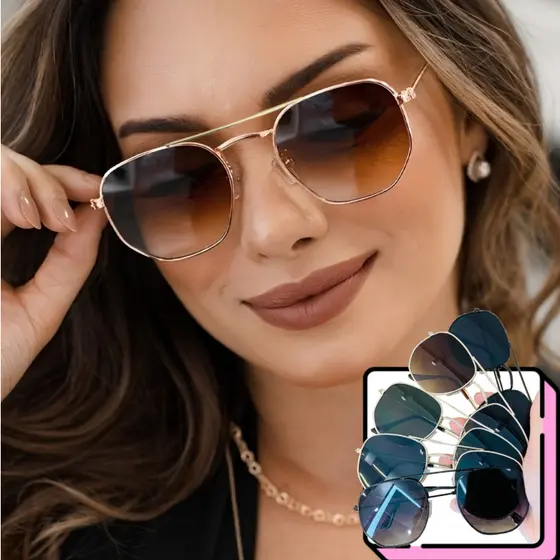 Óculos Hexagonal Feminino Masculino Sol Proteção Uv400 Retro Dupla Ponte Reforçada