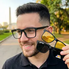 Armação de Óculos e Clip On Solar 3 em 1 preto e amarelo masculino Clip Polarizado