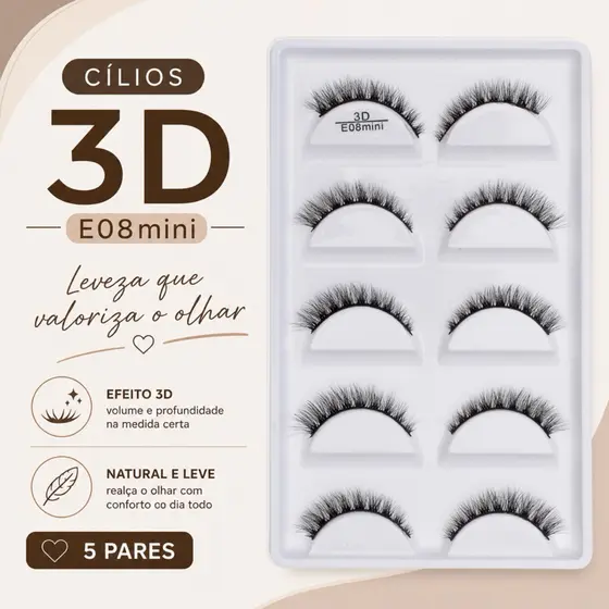 cartela 5 PARES CÍLIOS POSTIÇOS 3D naturais E08 MINI