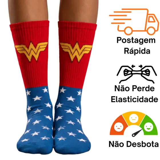 Meia Divertida Cano Alto Algodão Personagem Mulher Maravilha e Superman Meia Maluca Academia Corrida Crossfit