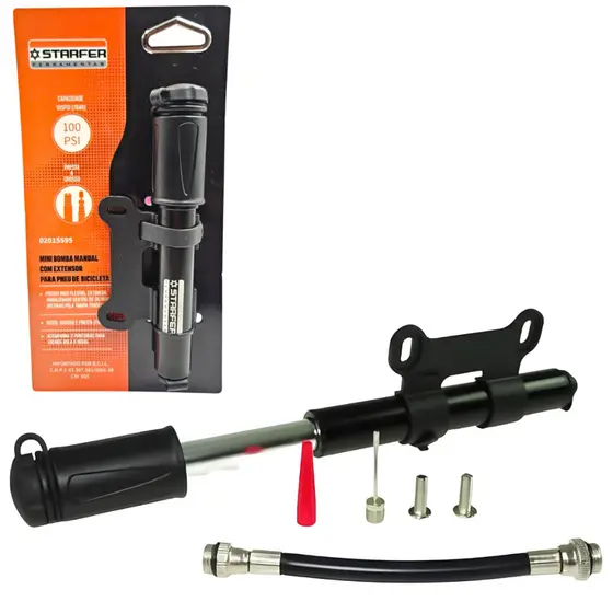 Mini Bomba de Ar Manual com Extensor para Pneu de Bicicleta Boia e Bola 100 PSI - Starfer