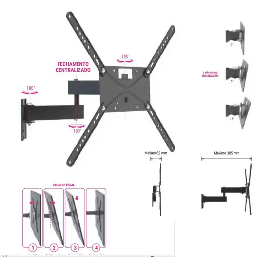 Suporte articulado com inclinação. Possui três níveis de inclinação que variam de 0° a 15°. Instalação simples e trava de segurança. Distância da parede: 62 - 385mm. STPA 230 multivisao Suporte Bi-articulado Multivisao Inclinação Tv 14 A 43 Pol