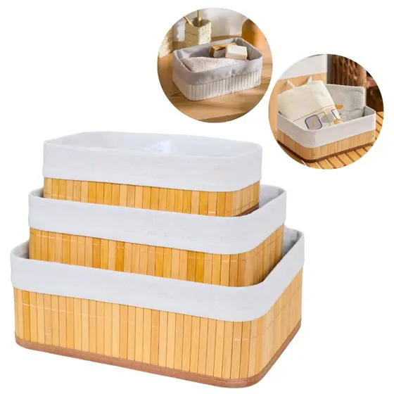 Kit 3 Cestos Organizadores de Bambu Multiuso com Forro