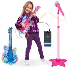 Guitarra e Microfone Infantil Instrumento Brinquedo Musical com Luz e Som