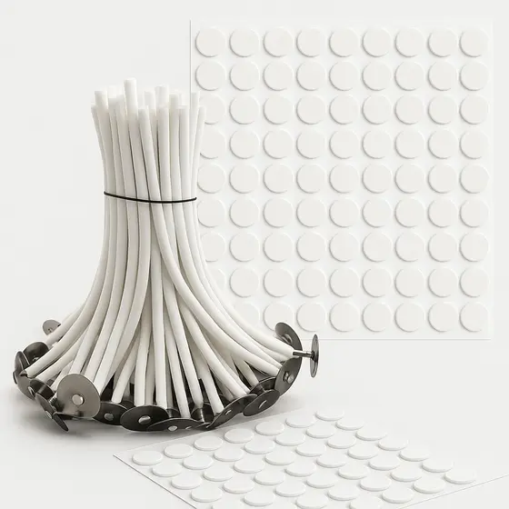 Kit Fazer Vela Artesanais Decorativas 100 Pavio Algodão 3mm com Ilhós + 100 Adesivos Dupla Face 1cm