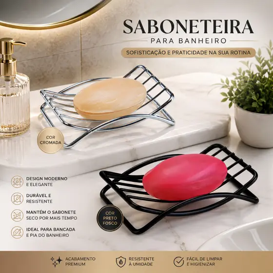 Saboneteira Aramada Aço Inox Preto Banheiro Porta Sabonete Design Moderno Escoamento Bancada