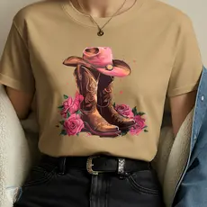 Camiseta Country Chic – Chapéu Cowboy, Rosas e Botas Femininas