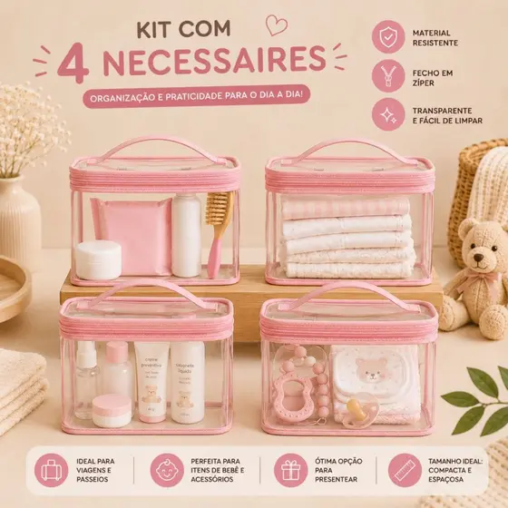 Organizador Para Mala Bebe Necessaire Kit 4 Peças Transparente Passeios e Malas Maternidade