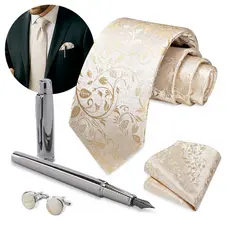 Kit Gravata Seda Dourada E Caneta Tinteiro Refil Cromada