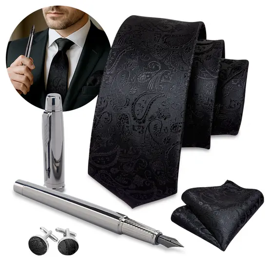 Kit Executivo Gravata Preta Seda E Caneta Tinteiro Luxo