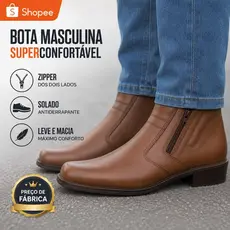 Bota Masculina Social Confortável Zíper Cano Baixo Moderna Cores: Café-Preto