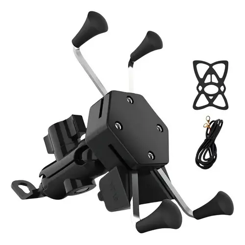 Suporte De Celular Para Moto Com Carregador Universal Usb Garra de Fixação X Cor Preto Versátill