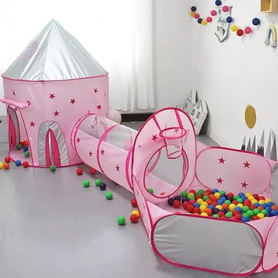 Toca Barraca Infantil Túnel 3x1 Piscina P/ Bolinhas Princesa Astronauta Cesta Basquete Brinquedo