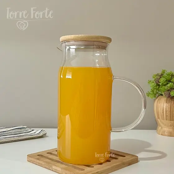 Jarra De Suco Água Jarra De Vidro com Tampa De Bambu e Inox 1,150L