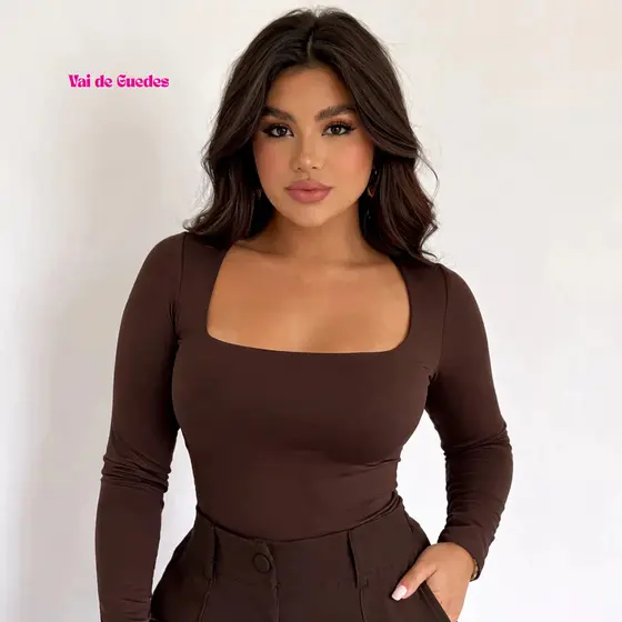 Blusa Feminina Manga Longa Decote Quadrado Segunda Pele Tecido Suplex Inverno 2026