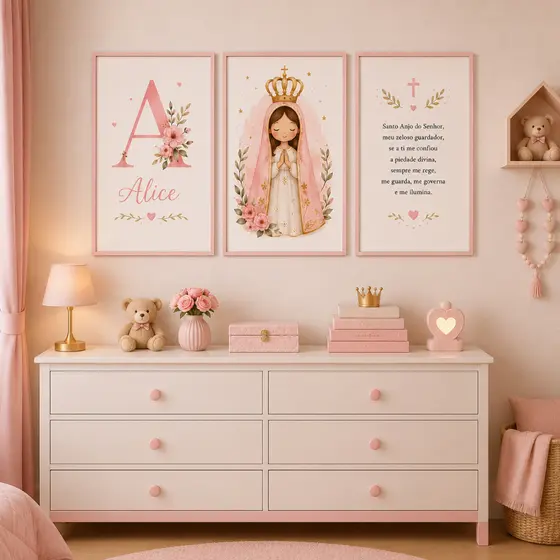 Kit 3 Quadros Decorativos Santinha Flores Personalizado Com Nome Para Quarto de Criança Menina