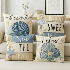 Kit Com 4 Capas De Almofadas 45x45 Praia Beach Conchas Azul Home Sweet Home