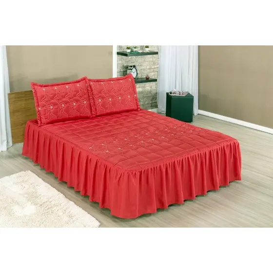 Colcha Casal Com Babado  Cobre Leito Padrão Bordada MATELASSE  03 Peças- VÁRIAS CORES