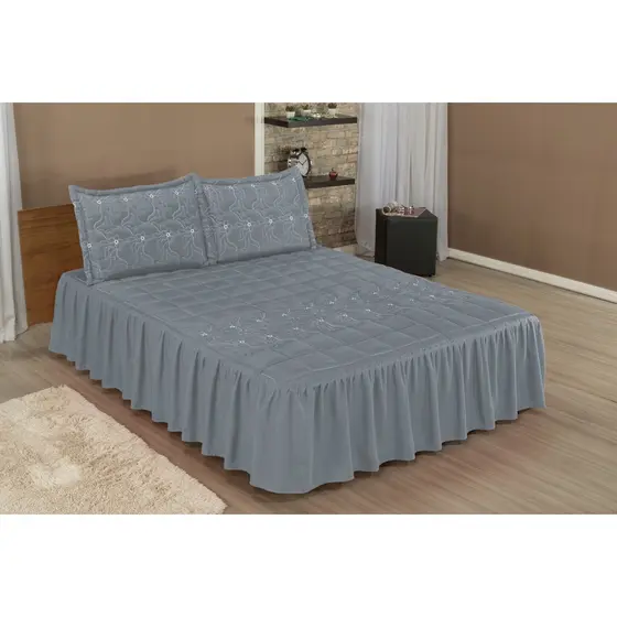 Colcha Casal Com Babado Cobre Leito Padrão Bordada MATELASSE 03 Peças DIVA CINZA