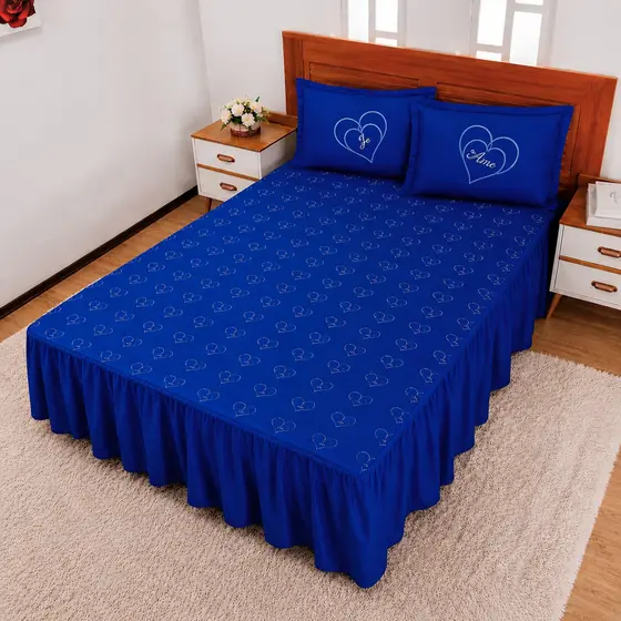 Kit Colcha Casal 03 Peças Matelada Bordada Eu te Amo com Babado Tecido Premium Elegante Confortável