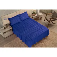 Colcha Casal 03 Peças Azul com Babado Cobre Leito Padrão Bordada Matelassê - Elegante e Confortável