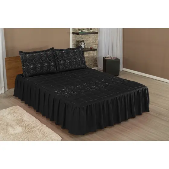 Colcha Casal  Com Babado  Cobre Leito Padrão Bordada MATELASSE  03 Peças  PRETA