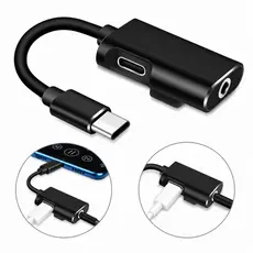 Adaptador USB Tipo C para Fone P2 3,5mm Áudio e Carregamento Simultâneo Cabo Auxiliar 2 em 1 Preto