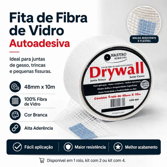 Fita Telada Fibra De Vidro Para Drywall 48x10 Metros