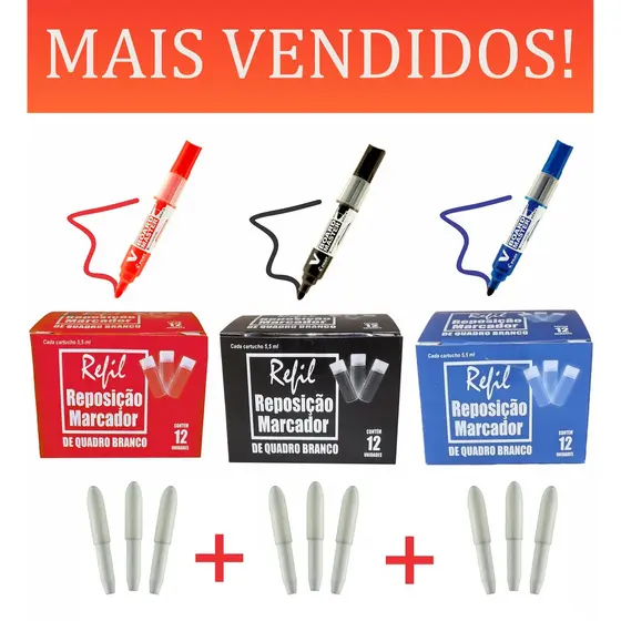 Kit 3 Pinceis Azul, Preto, Vermelho + 36 Recargas + 9 Pontas - NÃO MANCHA O QUADRO