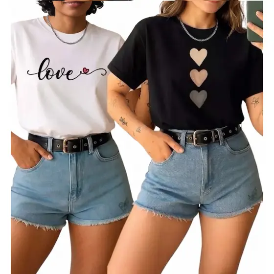 Kit 2 Camisetas Básicas Feminina Love Coração 100% Algodão Casual