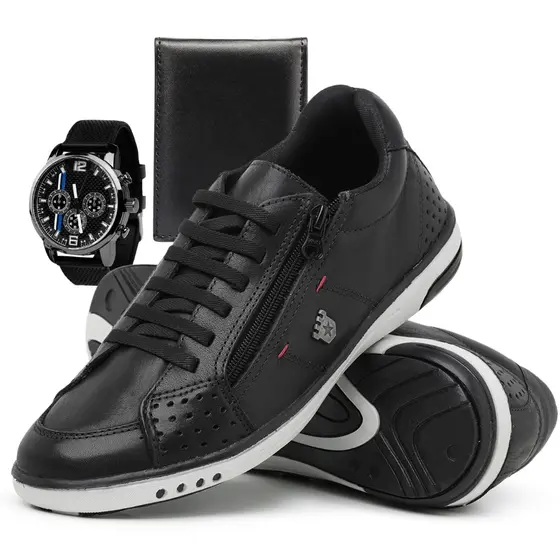 Sapatenis Masculino Casual com Cadarços Acessórios Relógio e Carteira