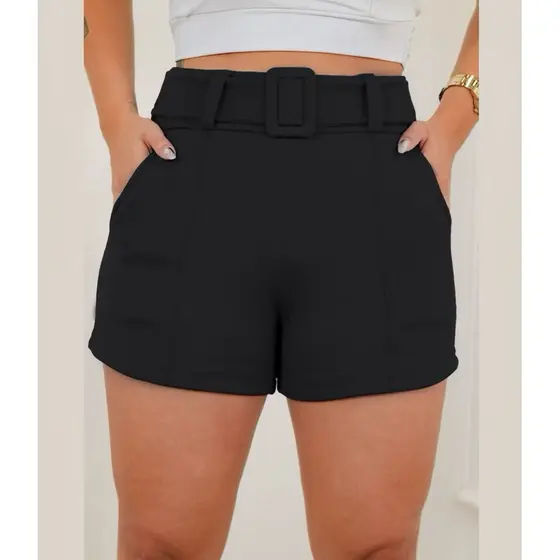 Shorts Feminino Fivela Encapada Cintura Alta Malha Crepe Elastano com Bolso