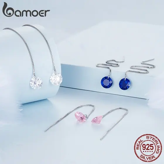 Bamoer 925 Prata 1 Par De Brincos Linha De Orelha De Zircônio Azul Presentes De Moda Para Mulheres