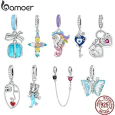 Bamoer Beads Pingente De Prata 925 Flor Do Coração Cruz Demônio Olho Chave Da Borboleta Charme Para As Mulheres Menina Diy Colar Pulseira Acessórios