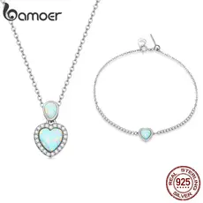 Bamoer Conjunto De Joias De Prata Esterlina 925 Colar E Pulseira Padrão De Coração Opala Para Mulheres Presentes Meninas