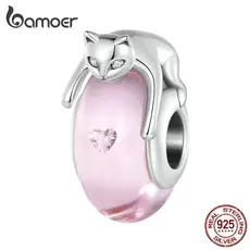 Bamoer Prata Vidro Gato Contas Pingente Rosa Traje Para Pulseira Diybsc802