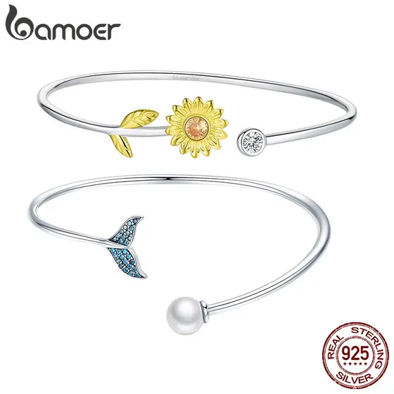 Pulseira Bamoer Bangle Bracelet 925 Prata Simples Flor Mulher Punho Aberto Jóias De Luxo SCB198