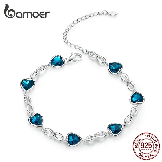 Pulseira Bamoer 925 Prata Brilhante Azul Coração Zircônio Jóias SCB163