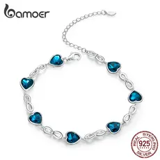 Pulseira Bamoer 925 Prata Brilhante Azul Coração Zircônio Jóias SCB163