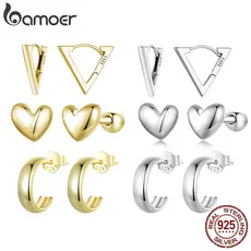 Brincos De Fita Bamoer 925 Sterling Simples De Cavilha Triângulo Coleção De Coração Jóias Presentes Para Mulheres